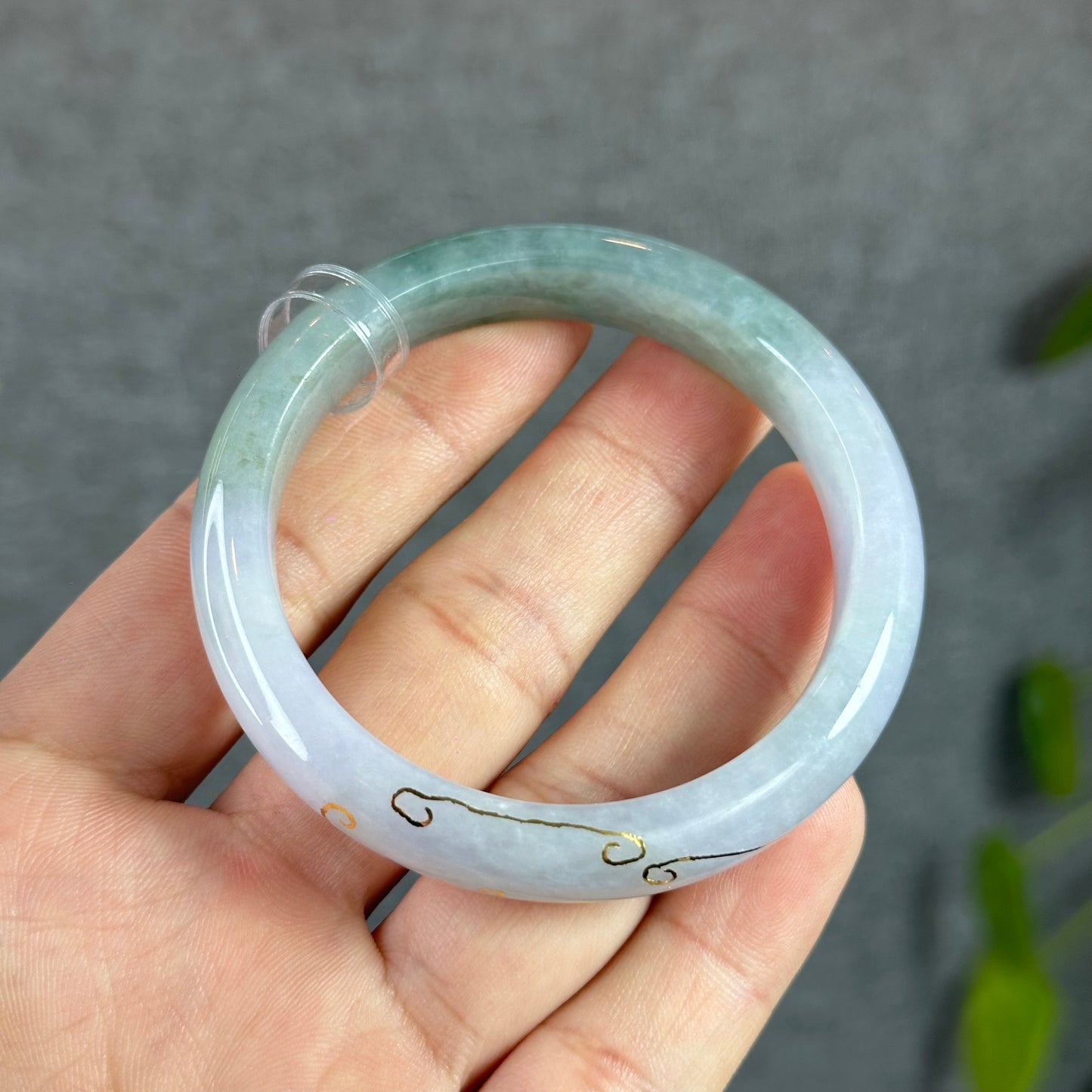 Moss Green Ivory Semi-Translucent Natural Jadeite Jade Bangle Leaf Style Size 52 mm with Gold Overlay