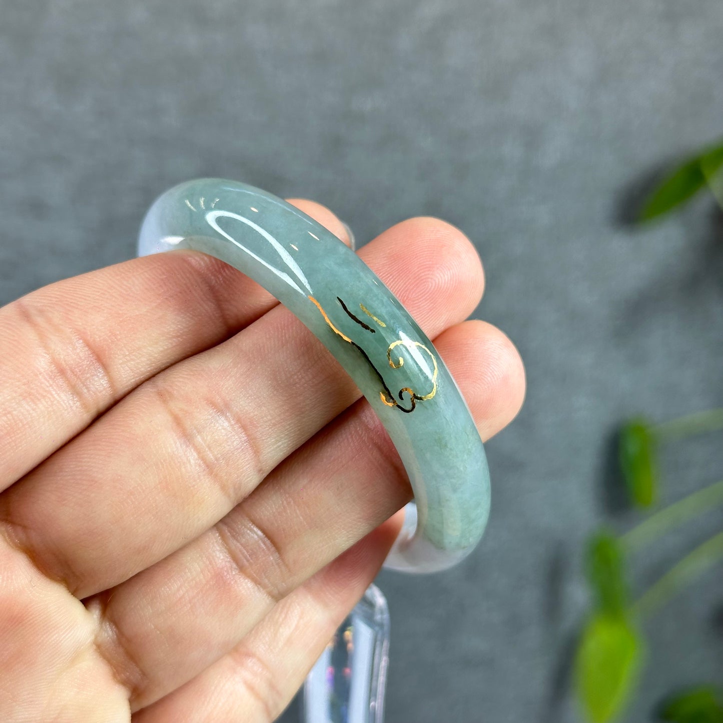 Moss Green Ivory Semi-Translucent Natural Jadeite Jade Bangle Leaf Style Size 52 mm with Gold Overlay