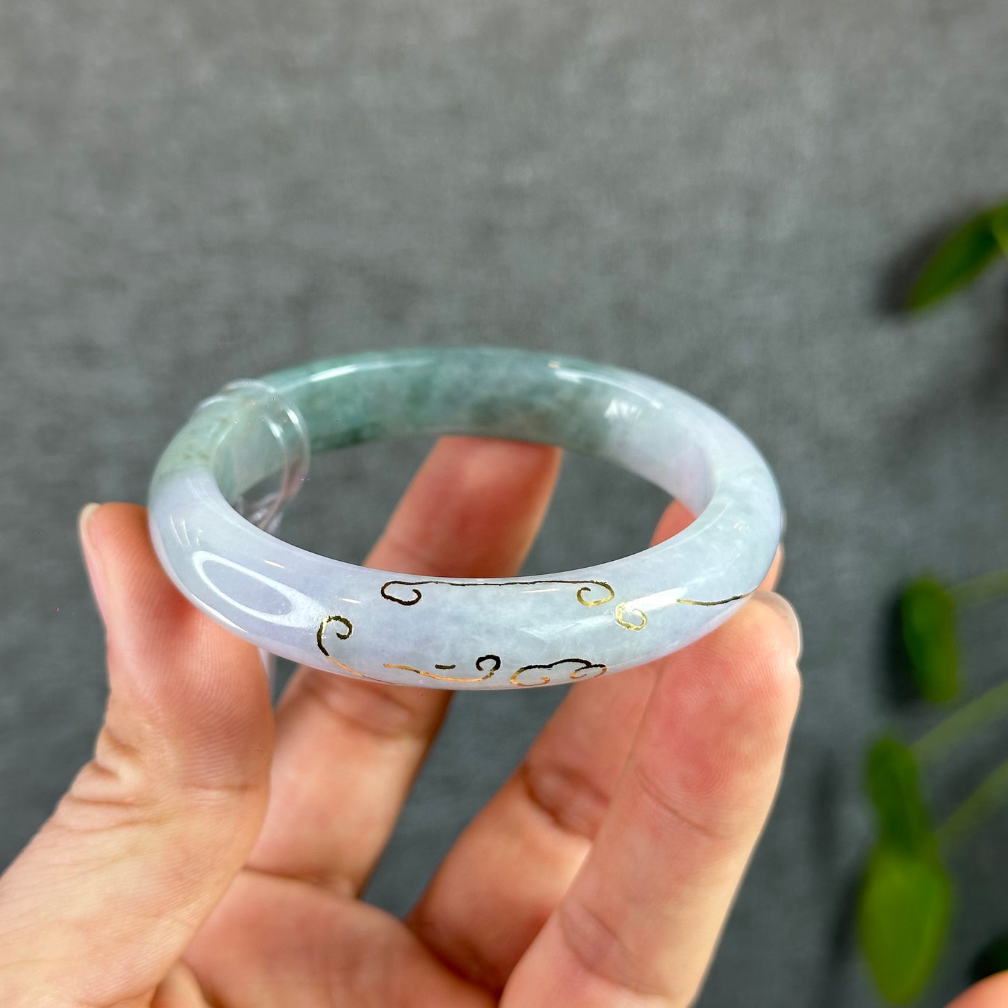 Moss Green Ivory Semi-Translucent Natural Jadeite Jade Bangle Leaf Style Size 52 mm with Gold Overlay