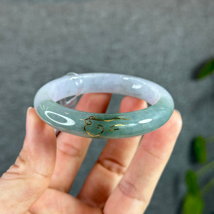 Moss Green Ivory Semi-Translucent Natural Jadeite Jade Bangle Leaf Style Size 52 mm with Gold Overlay