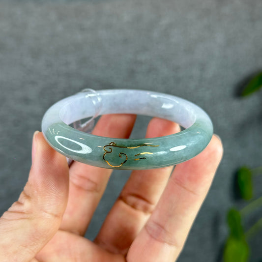 Moss Green Ivory Semi-Translucent Natural Jadeite Jade Bangle Leaf Style Size 52 mm with Gold Overlay