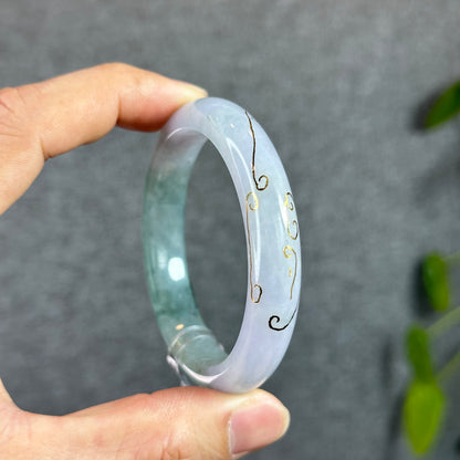 Moss Green Ivory Semi-Translucent Natural Jadeite Jade Bangle Leaf Style Size 52 mm with Gold Overlay