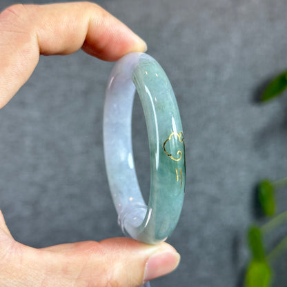 Moss Green Ivory Semi-Translucent Natural Jadeite Jade Bangle Leaf Style Size 52 mm with Gold Overlay