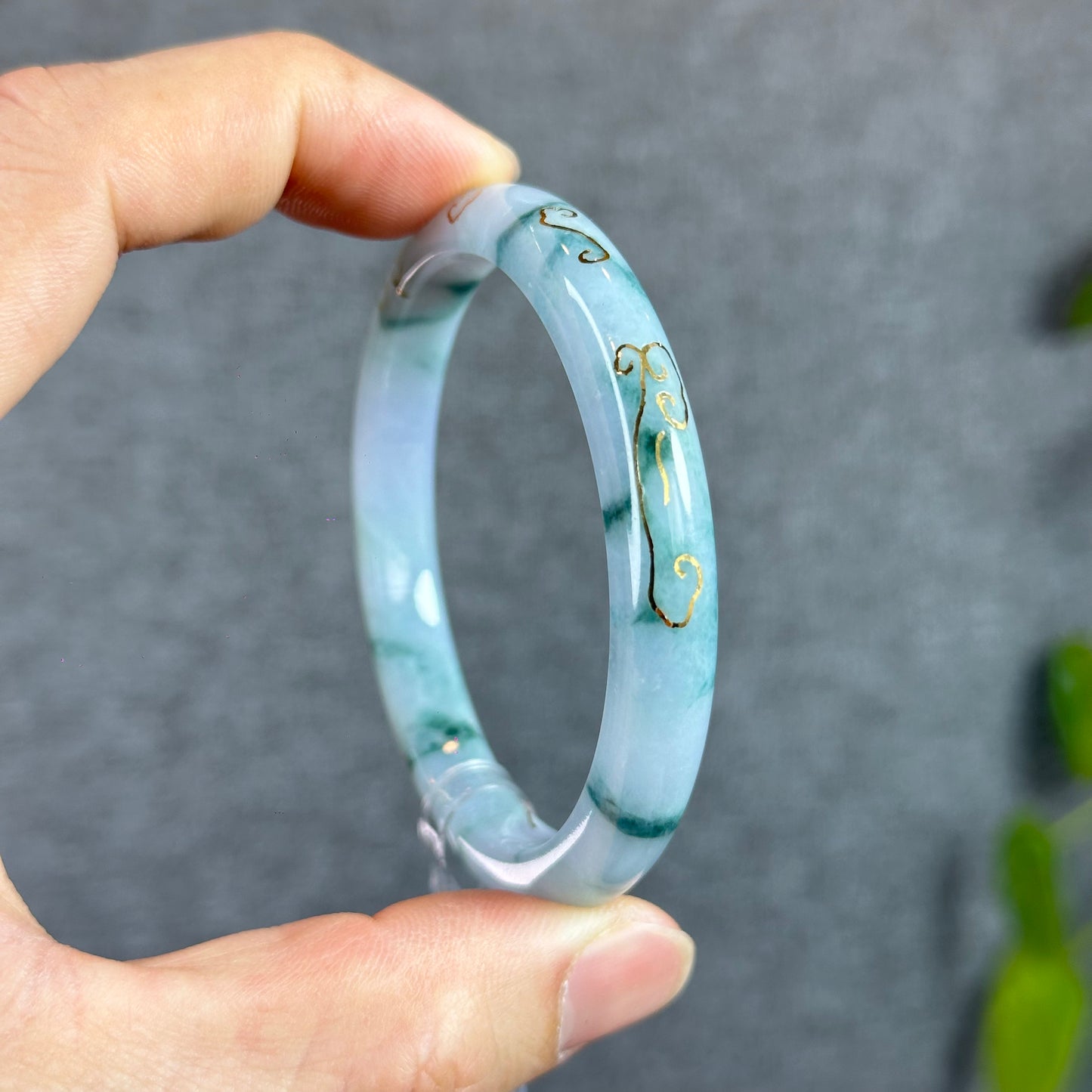 Floral Moss Green Semi-Translucent Natural Jadeitete Jade Bangle Leaf Style Size 53.4 mm with Gold Overlay