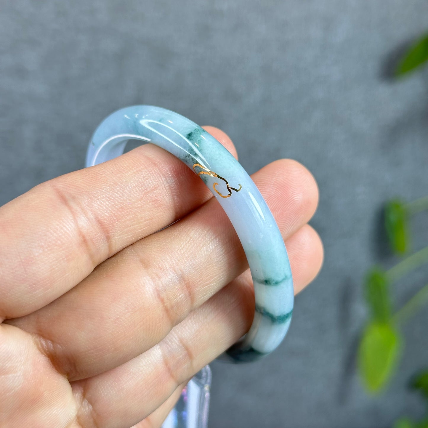 Floral Moss Green Semi-Translucent Natural Jadeitete Jade Bangle Leaf Style Size 53.4 mm with Gold Overlay