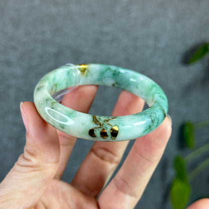 Floral Light Green Natural Jadetie Jade Bangle Leaf Style Size 53.3 mm with Gold Inlay