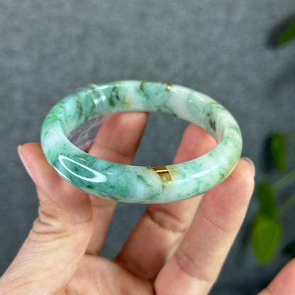 Floral Light Green Natural Jadetie Jade Bangle Leaf Style Size 53.3 mm with Gold Inlay