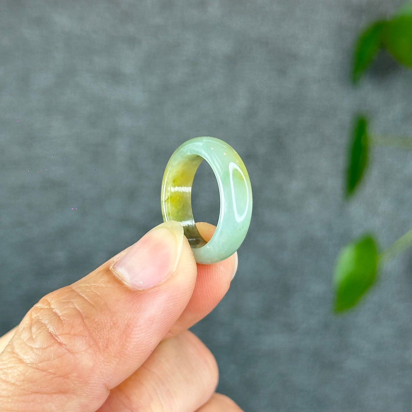 Natural Light Water Green with Touch of Orange Jadeite Jade Semi Translucent Ring Size 1.73
