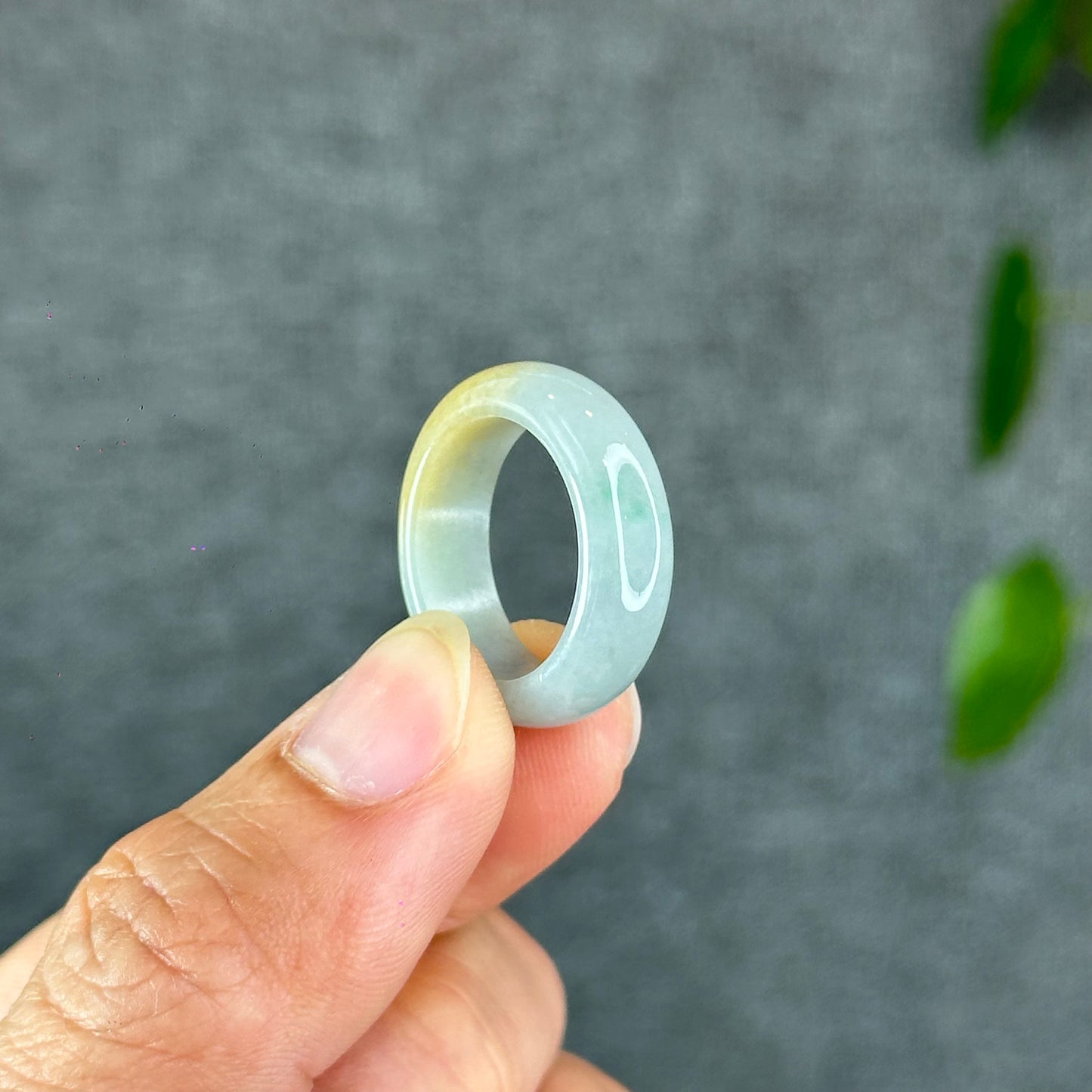 Natural Light Water Green with Orange Jadeite Jade Semi Translucent Ring Size 1.8