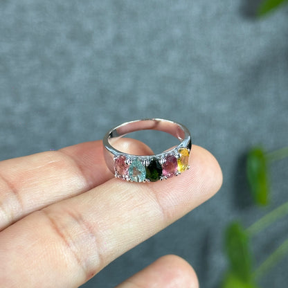 Multi Colour 5 Stone Natural Tourmaline Ring Size 1.86 in Silver Setting