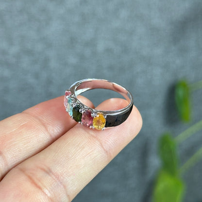 Multi Colour 5 Stone Natural Tourmaline Ring Size 1.86 in Silver Setting