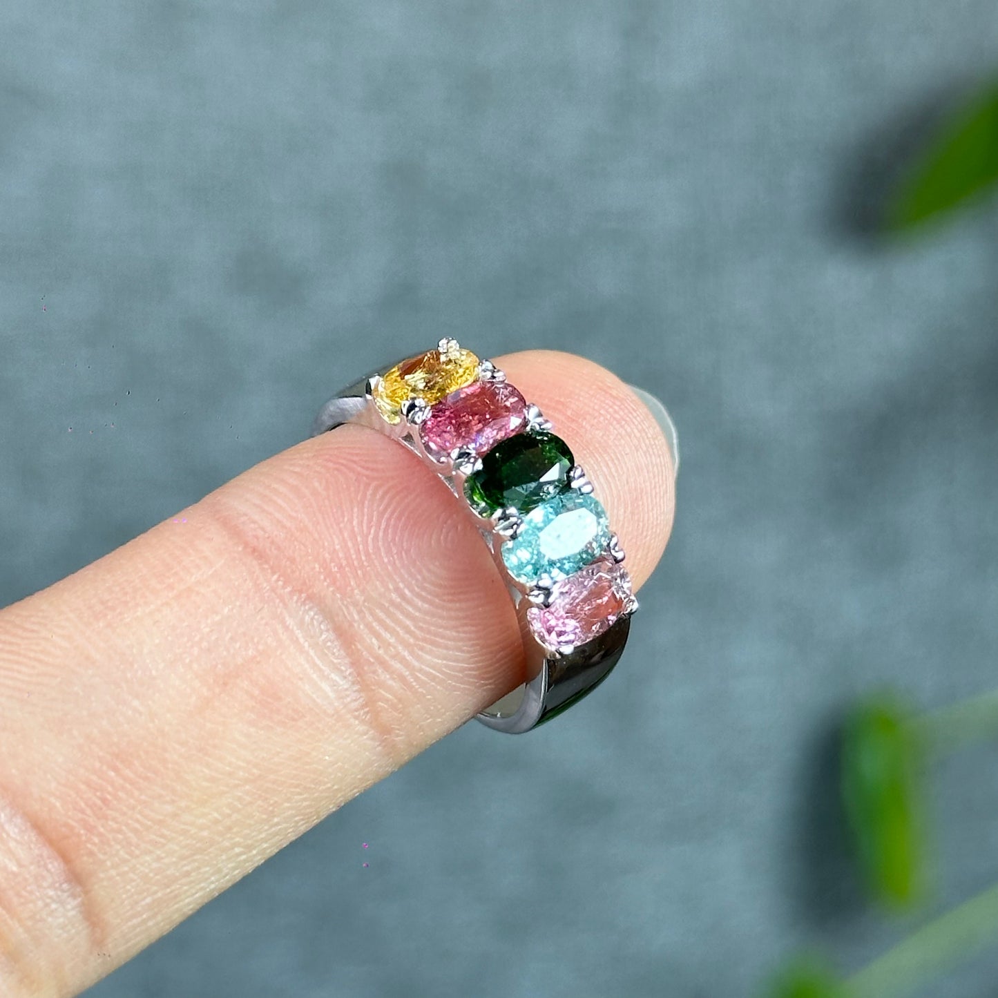 Multi Colour 5 Stone Natural Tourmaline Ring Size 1.86 in Silver Setting