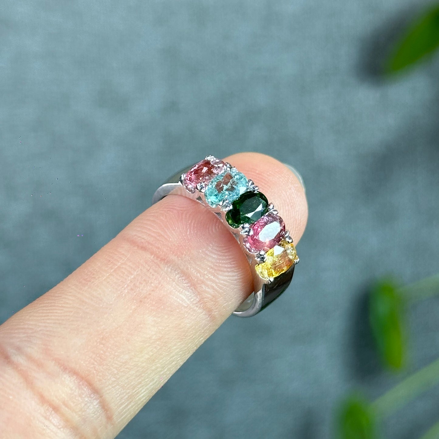 Multi Colour 5 Stone Natural Tourmaline Ring Size 1.86 in Silver Setting