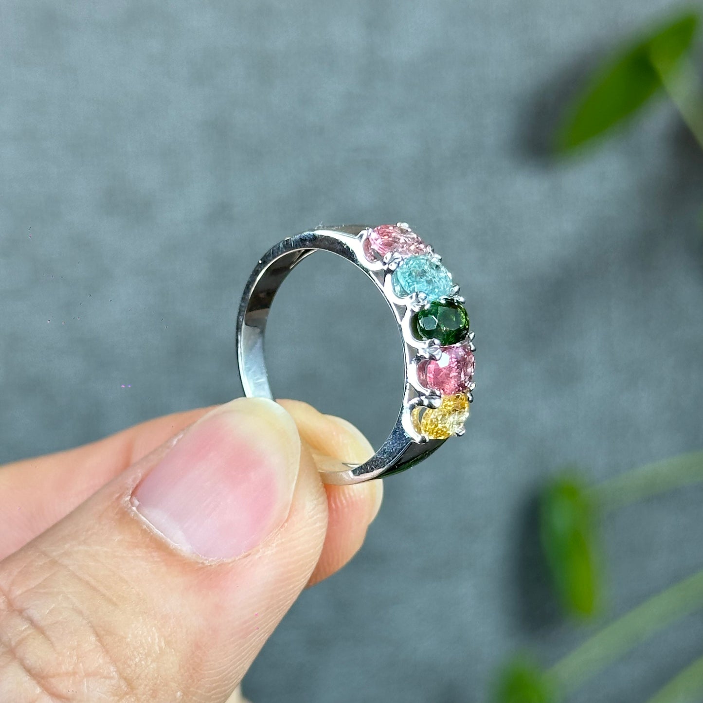 Multi Colour 5 Stone Natural Tourmaline Ring Size 1.86 in Silver Setting