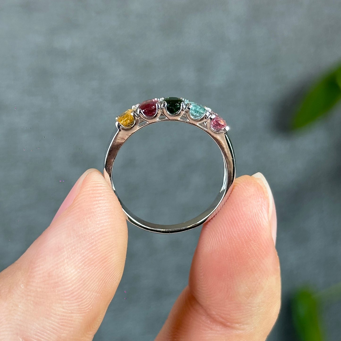 Multi Colour 5 Stone Natural Tourmaline Ring Size 1.86 in Silver Setting