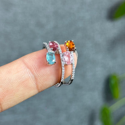 Multi Colour 4 Stone Natural Tourmaline Ring Size 1.85 in Silver Setting