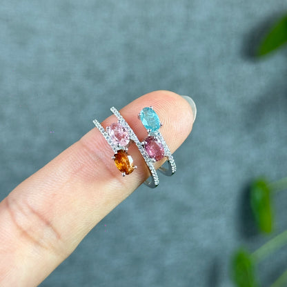 Multi Colour 4 Stone Natural Tourmaline Ring Size 1.85 in Silver Setting