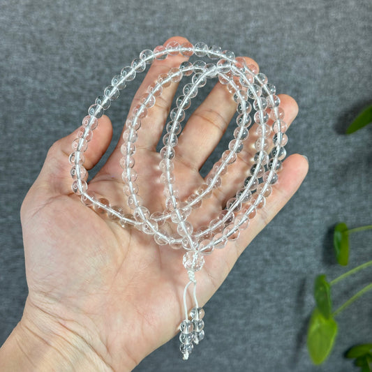 Clear Quartz VIP Translucent 108 Bead Triple Wrap Bracelet Size 7.5 mm