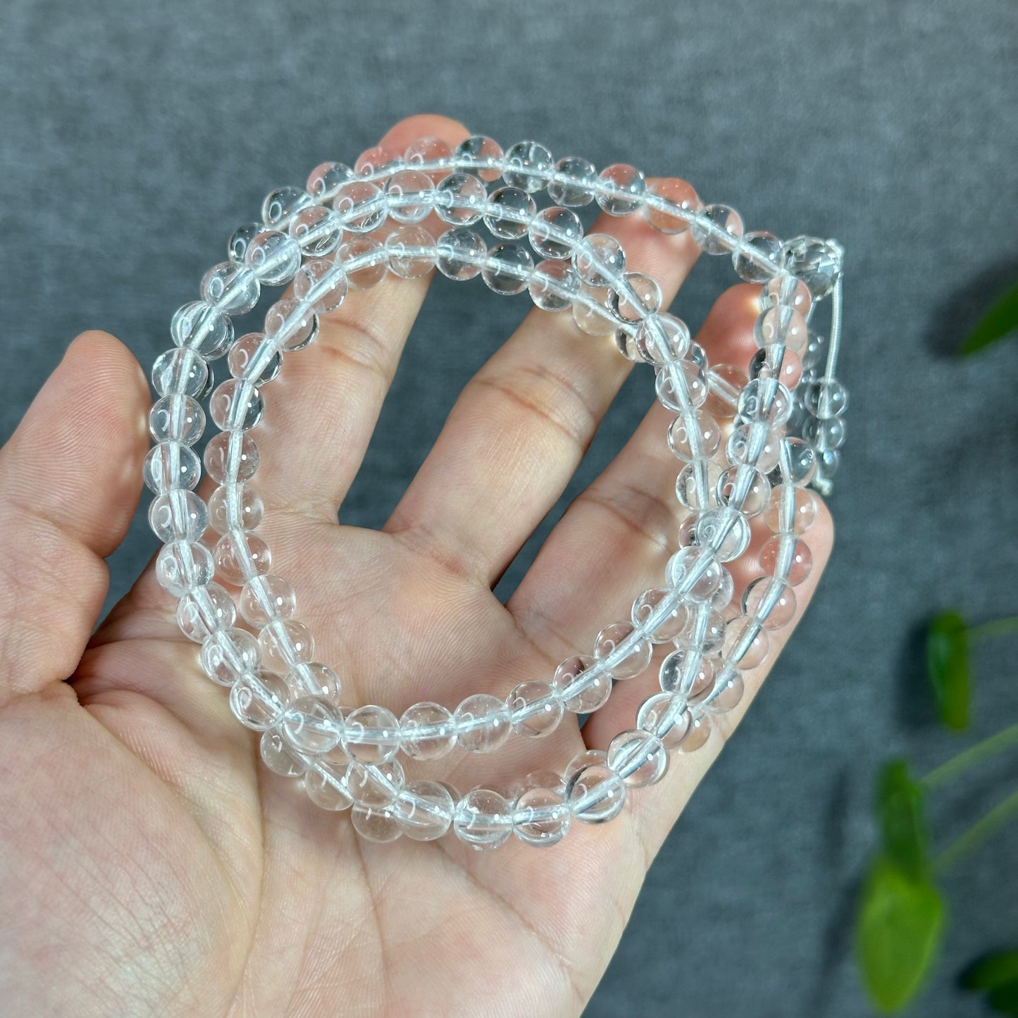 Clear Quartz VIP Translucent 108 Bead Triple Wrap Bracelet Size 7.5 mm