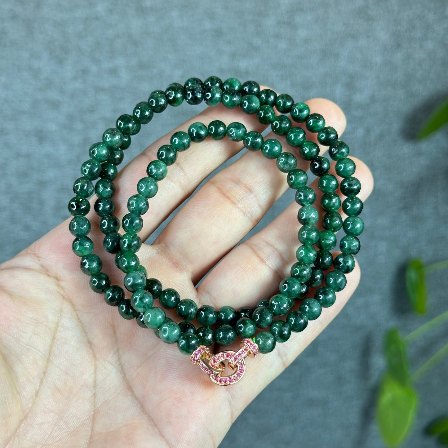 Son Thuy Dark Green Natural Jadeite Jade Triple Wrap Bracelet Size 6 mm with Accent Rose Gold Colour Clasp