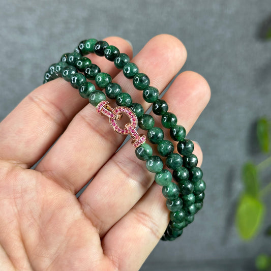 Son Thuy Dark Green Natural Jadeite Jade Triple Wrap Bracelet Size 6 mm with Accent Rose Gold Colour Clasp