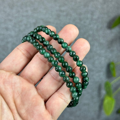 Son Thuy Dark Green Natural Jadeite Jade Triple Wrap Bracelet Size 6 mm with Accent Rose Gold Colour Clasp