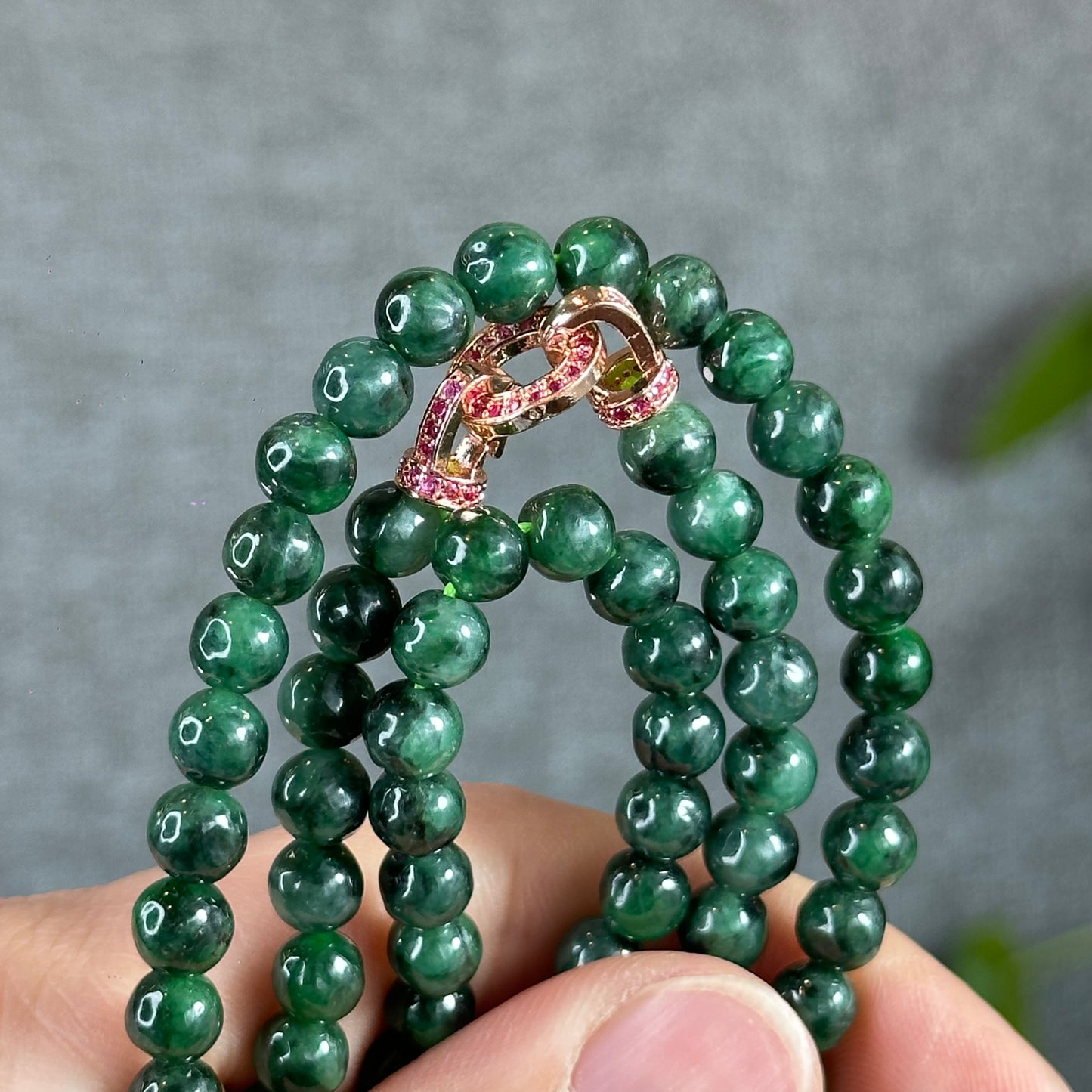 Son Thuy Dark Green Natural Jadeite Jade Triple Wrap Bracelet Size 6 mm with Accent Rose Gold Colour Clasp