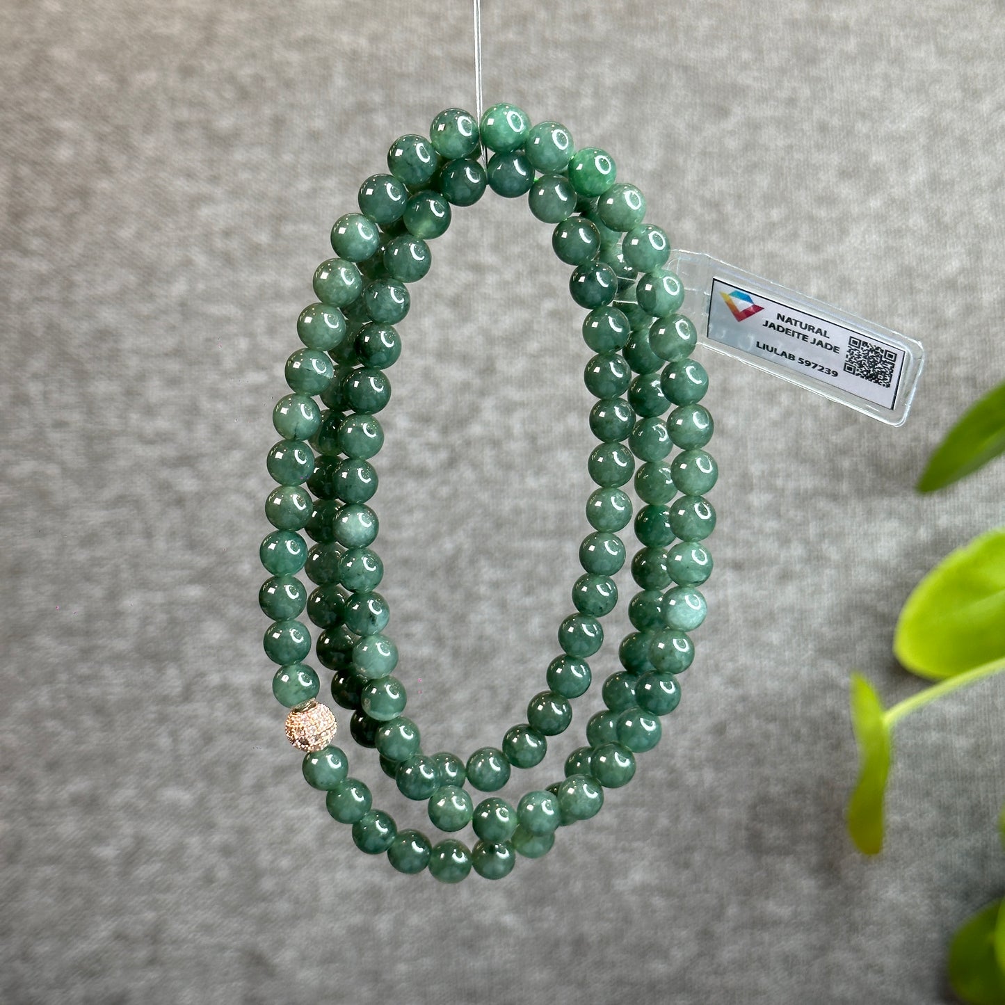 Water Green Natural Jadeite Jade Triple Wrap Bracelet Size 7.6 mm - 108 beads