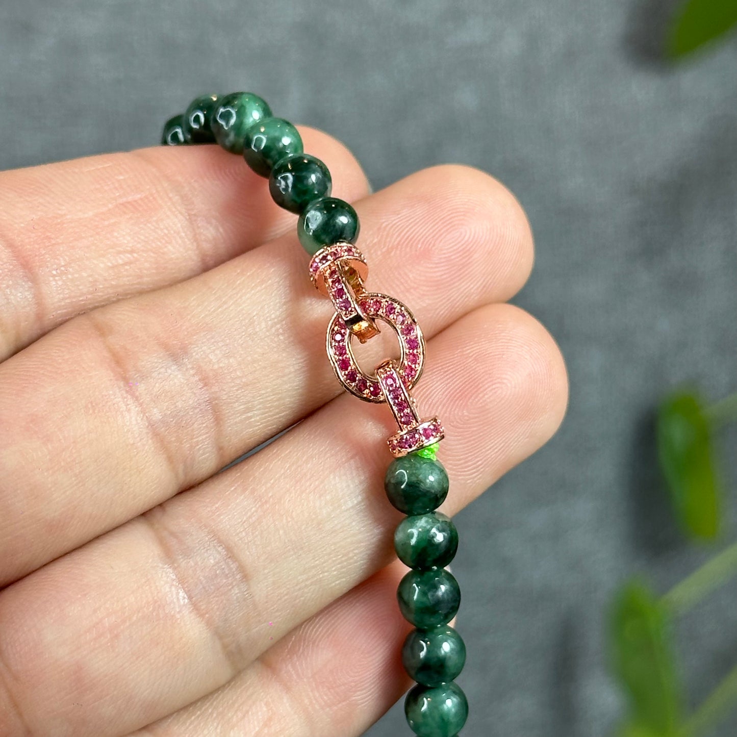 Son Thuy Dark Green Natural Jadeite Jade Triple Wrap Bracelet Size 6 mm with Accent Rose Gold Colour Clasp