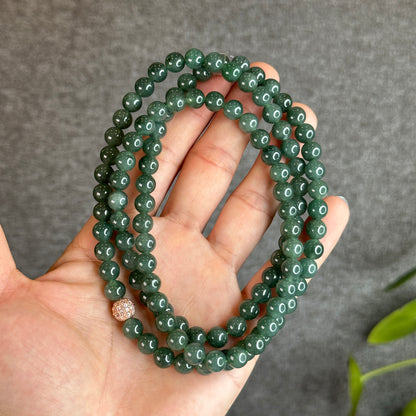 Water Green Natural Jadeite Jade Triple Wrap Bracelet Size 7.6 mm - 108 beads