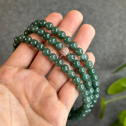 Water Green Natural Jadeite Jade Triple Wrap Bracelet Size 7.6 mm - 108 beads