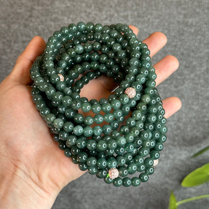 Water Green Natural Jadeite Jade Triple Wrap Bracelet Size 7.6 mm - 108 beads