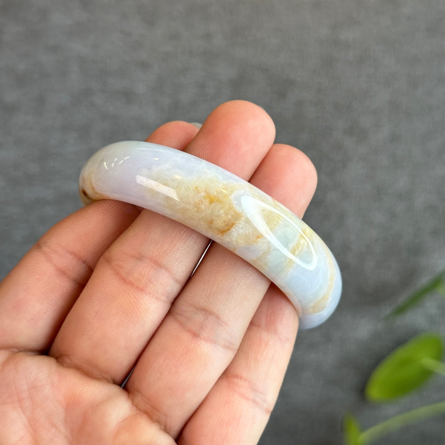 Orange with Purple Undertone Natural Jadeite Jade Bangle Leaf Style Size 54.5 mm