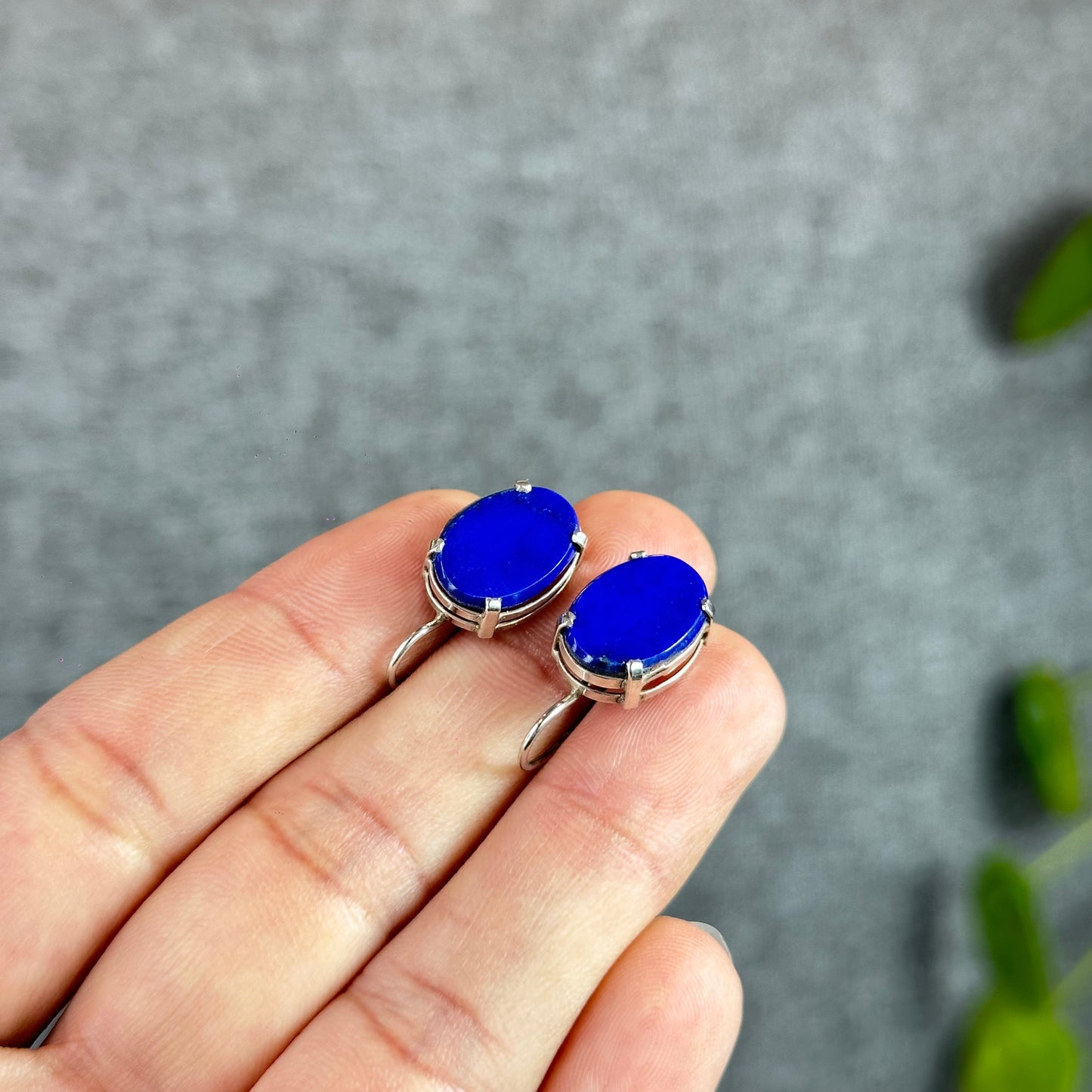 Oval Lapis Lazuli Earrings in Silver Setting