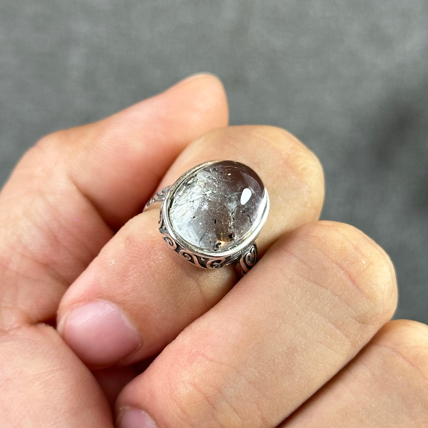 Oval Herkimer Ring Freesize In Silver Setting