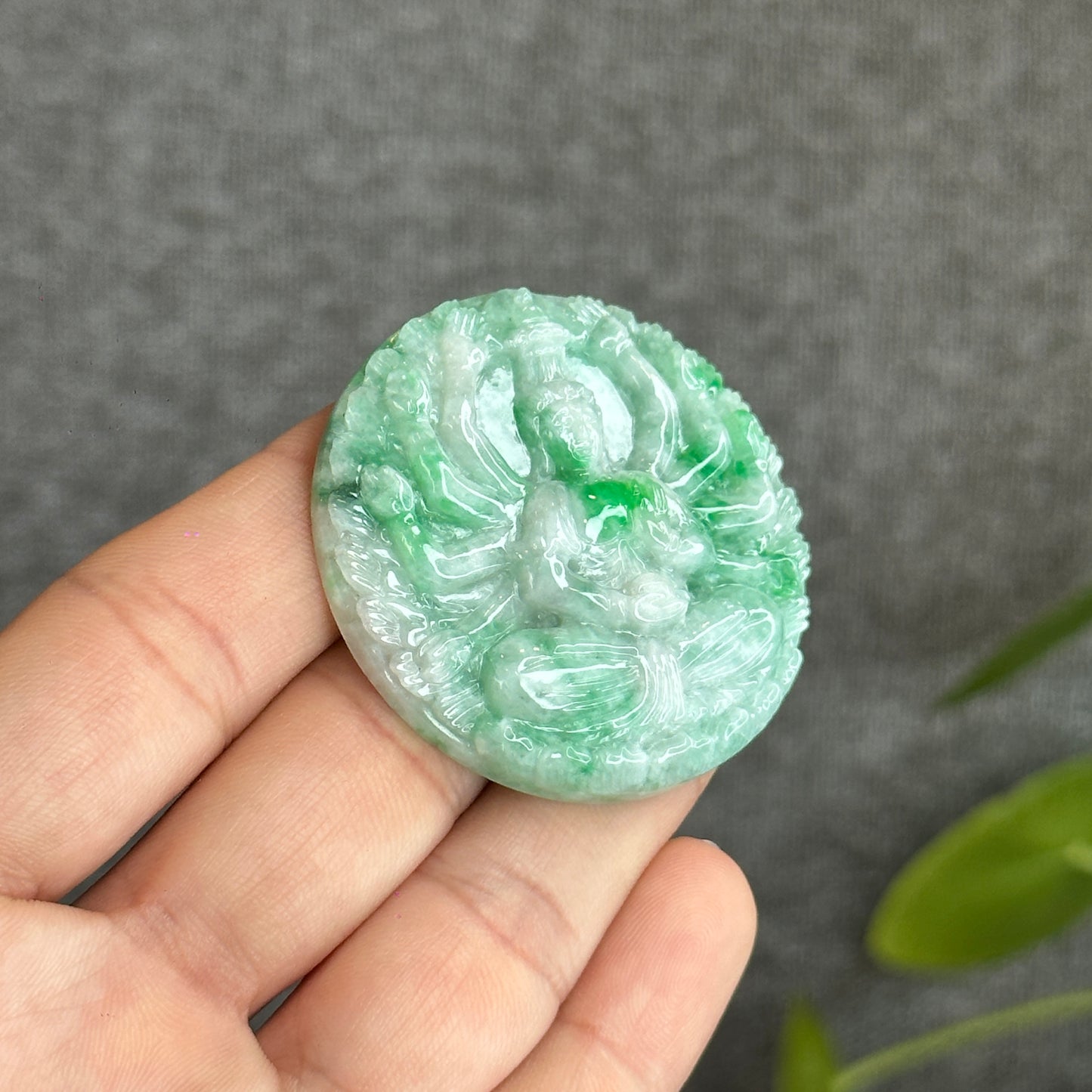 Quan The Am Thousand Hands Buddha Bright Green Son Thuy Natural Jadeite Jade Pendant with Silver Setting