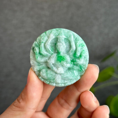 Quan The Am Thousand Hands Buddha Bright Green Son Thuy Natural Jadeite Jade Pendant with Silver Setting