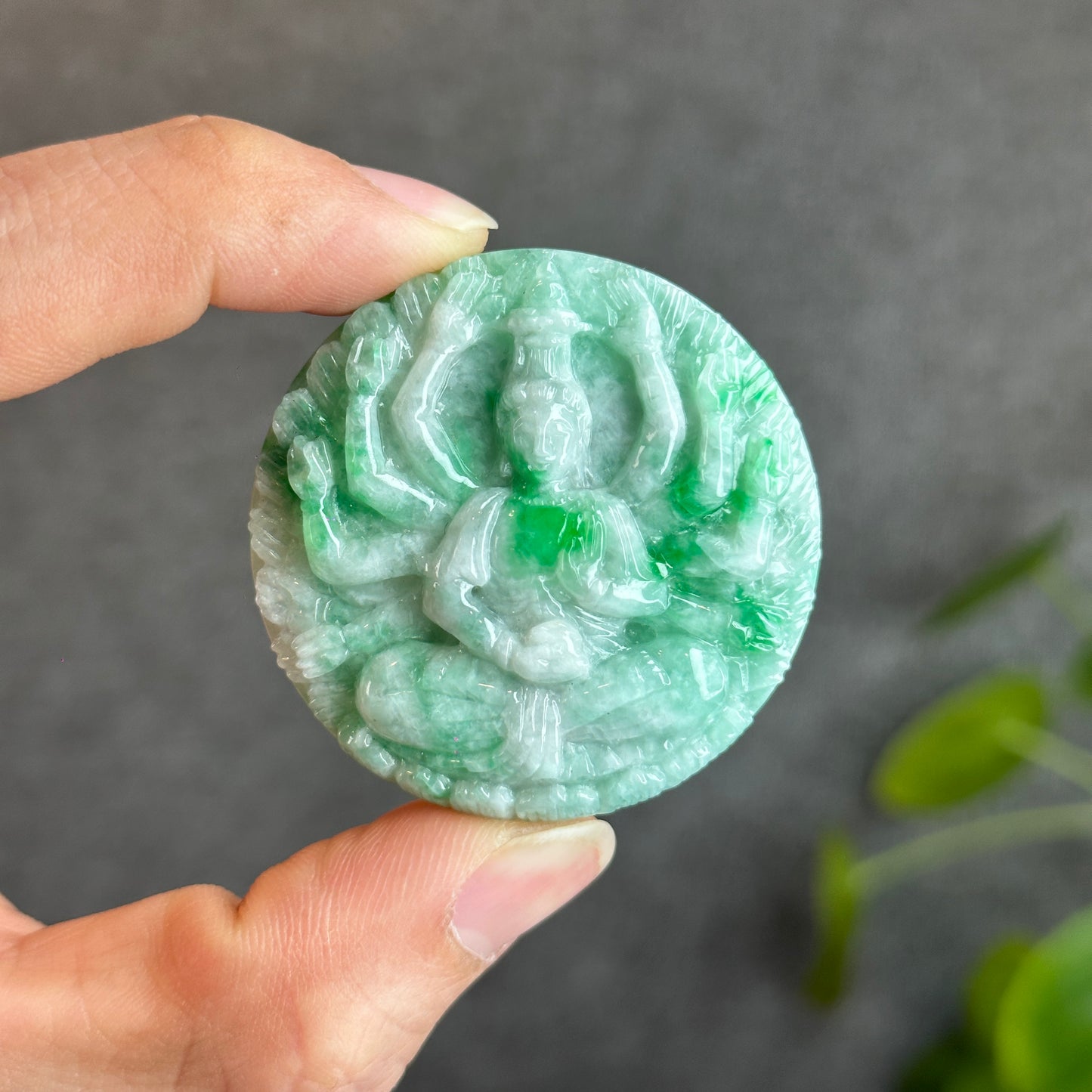 Quan The Am Thousand Hands Buddha Bright Green Son Thuy Natural Jadeite Jade Pendant with Silver Setting