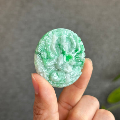 Quan The Am Thousand Hands Buddha Bright Green Son Thuy Natural Jadeite Jade Pendant with Silver Setting