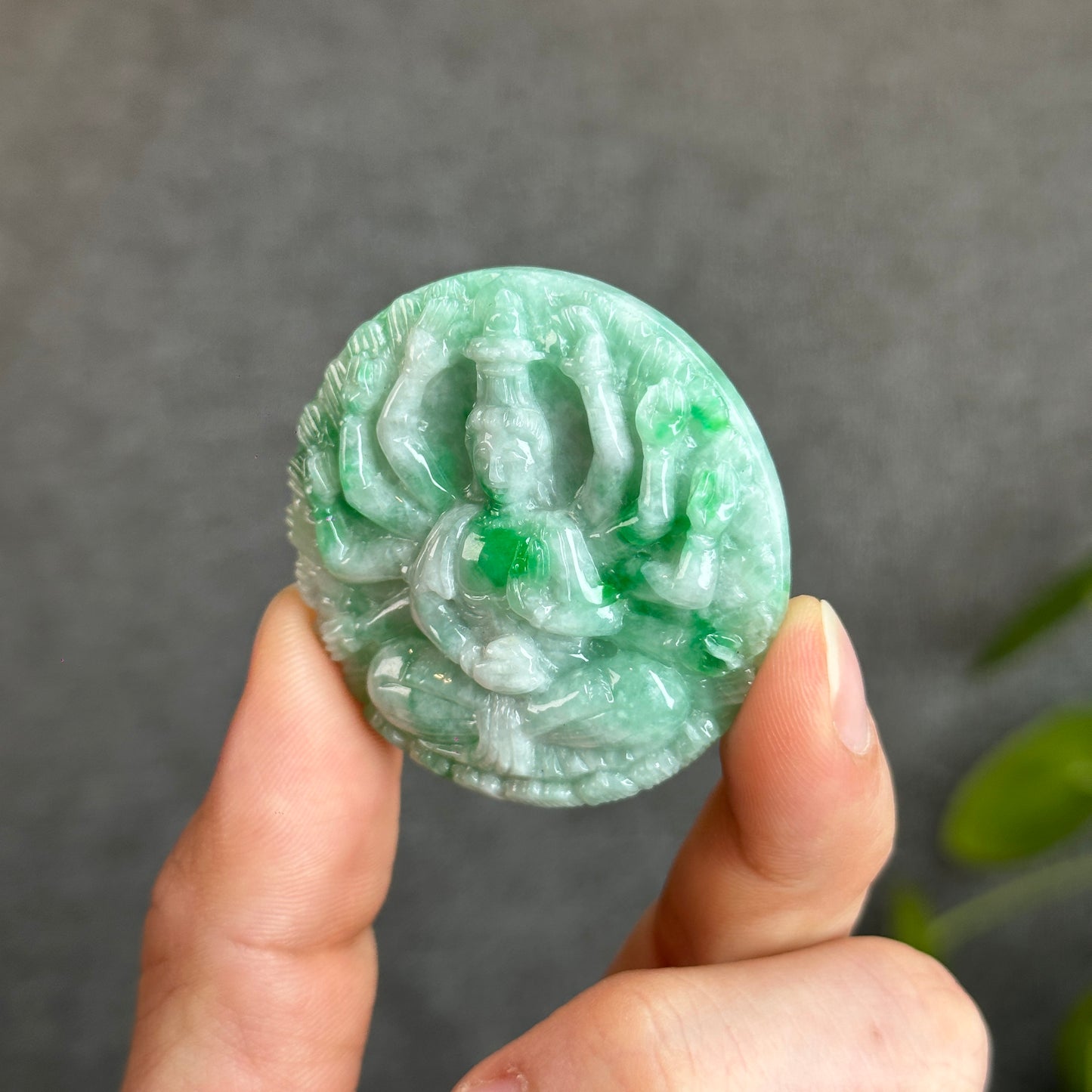 Quan The Am Thousand Hands Buddha Bright Green Son Thuy Natural Jadeite Jade Pendant with Silver Setting