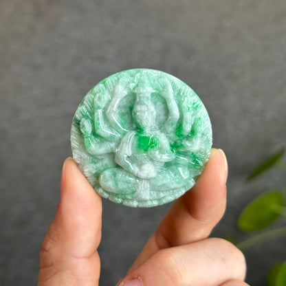 Quan The Am Thousand Hands Buddha Bright Green Son Thuy Natural Jadeite Jade Pendant with Silver Setting