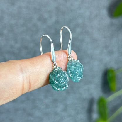 Peony Water Green Translucent Natural Jadeite Jade Earrings with Silver Hook