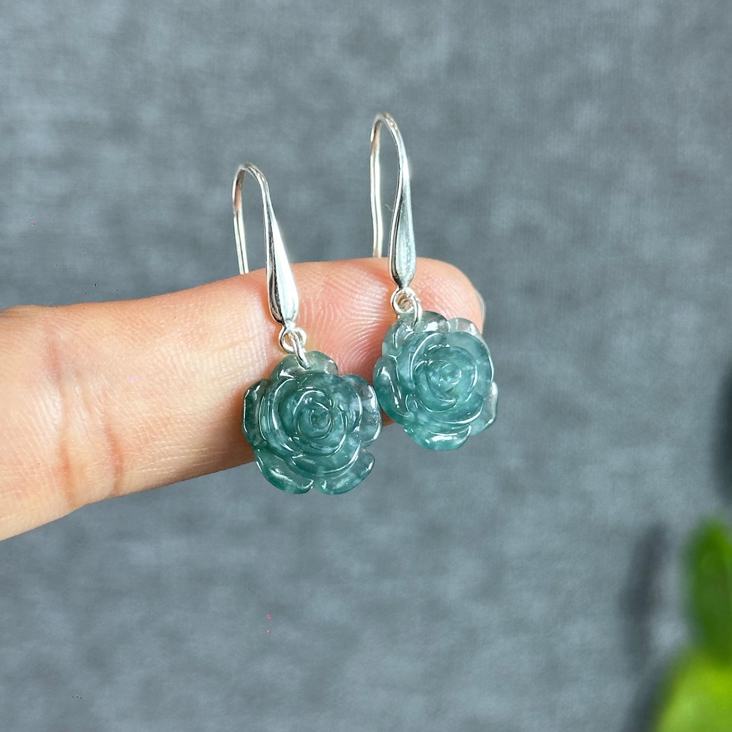 Peony Water Green Translucent Natural Jadeite Jade Earrings with Silver Hook