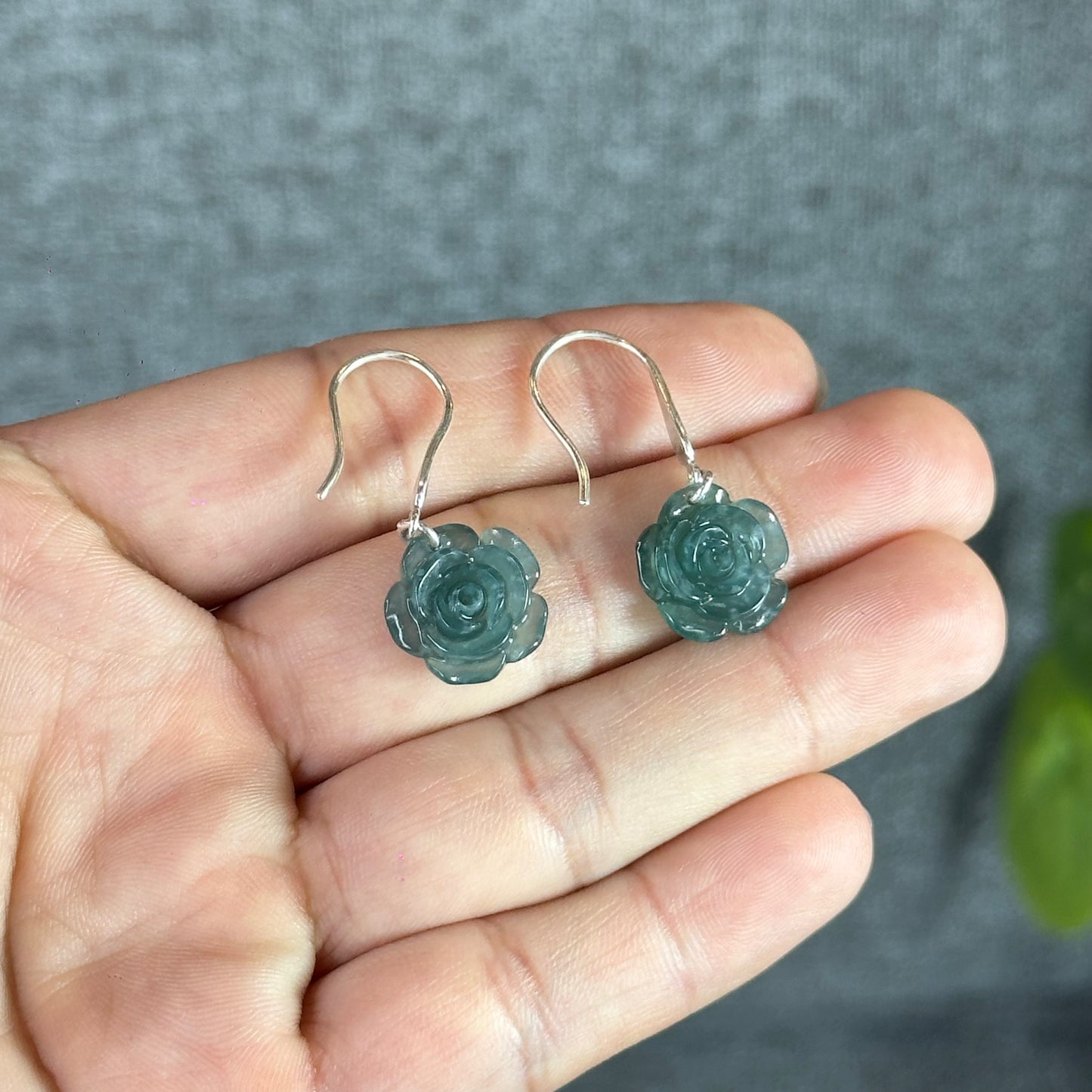 Peony Water Green Translucent Natural Jadeite Jade Earrings with Silver Hook