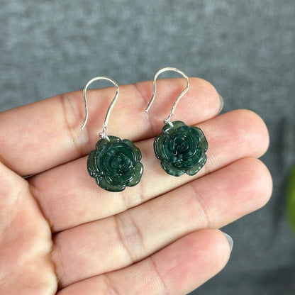 Peony Water Green Translucent Natural Jadeite Jade Earrings with Silver Hook