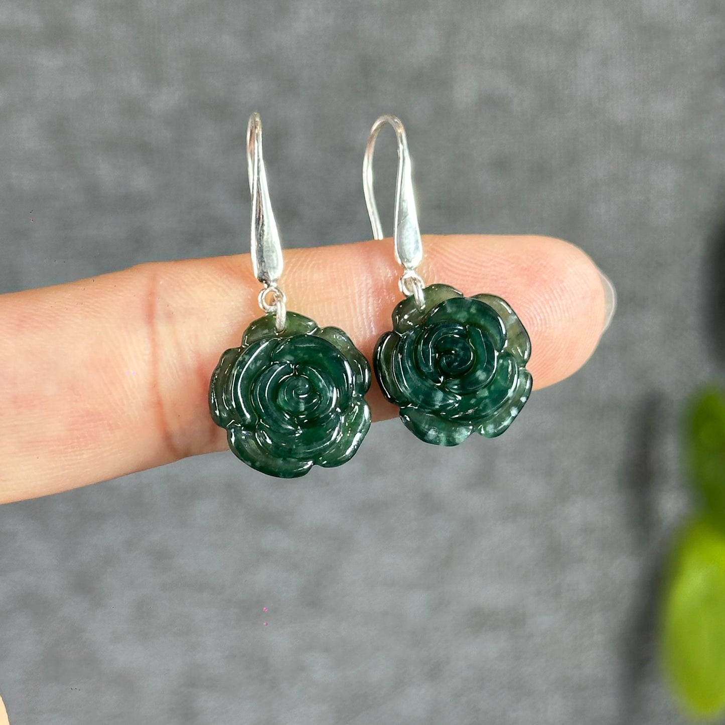 Peony Water Green Translucent Natural Jadeite Jade Earrings with Silver Hook