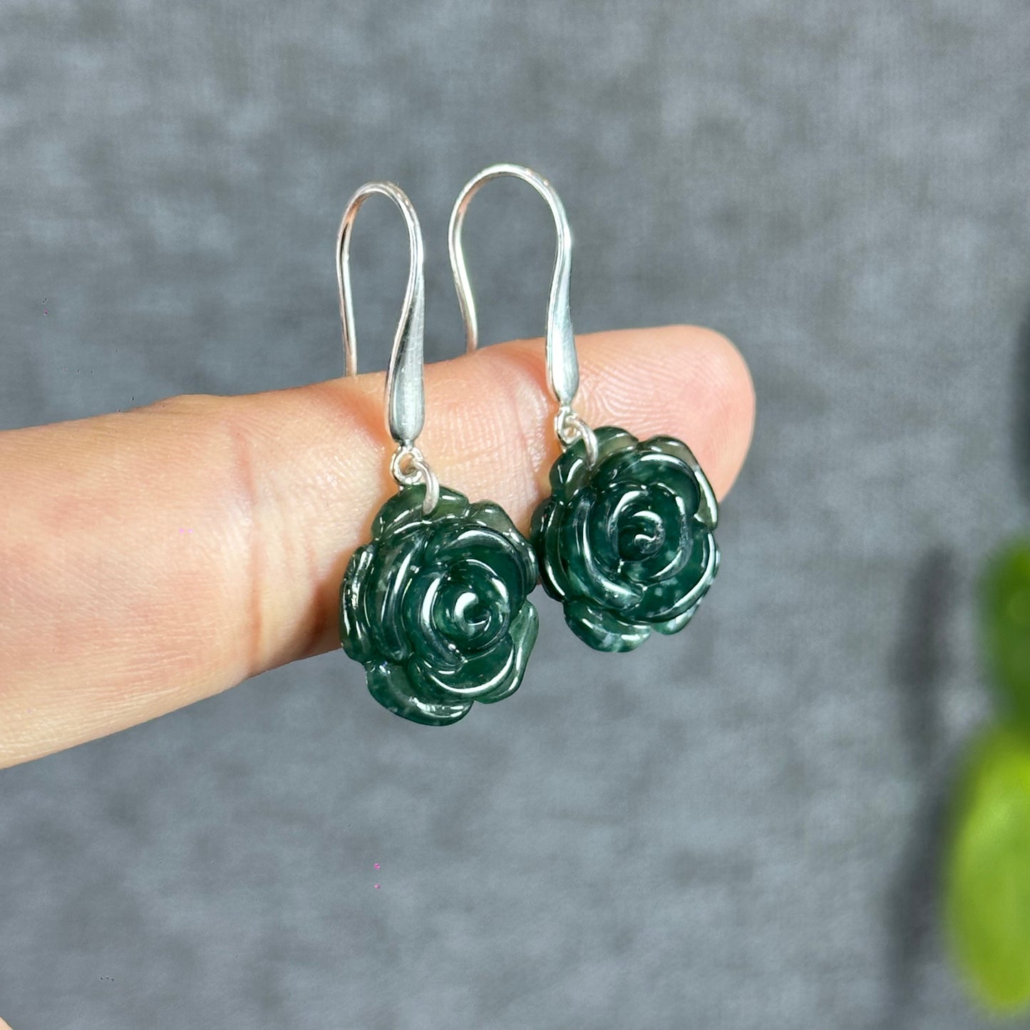 Peony Water Green Translucent Natural Jadeite Jade Earrings with Silver Hook