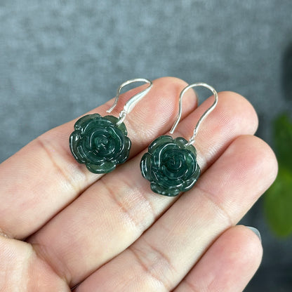 Peony Water Green Translucent Natural Jadeite Jade Earrings with Silver Hook