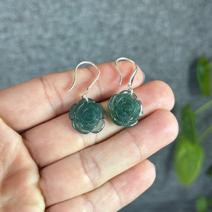 Peony Water Green Translucent Natural Jadeite Jade Earrings with Silver Hook