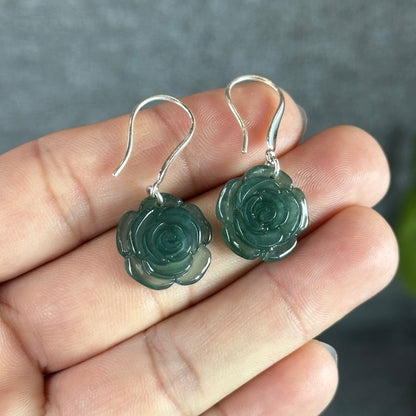 Peony Water Green Translucent Natural Jadeite Jade Earrings with Silver Hook